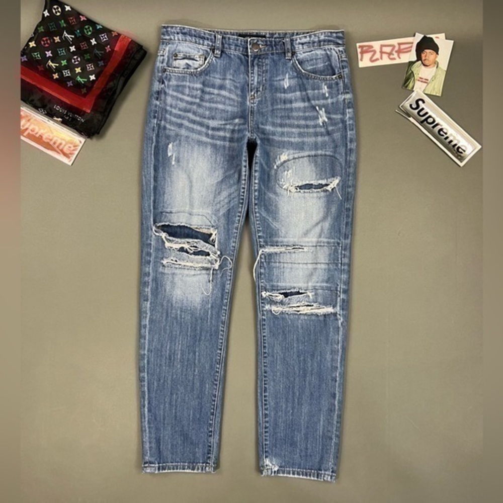 Thrashed Hige Faded Designer Denim Blue Ripped Jeans Stitching and Patchwork 💎